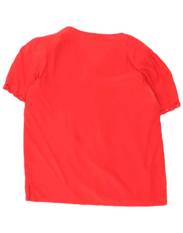Vintage mujer camisa de manga corta blusa Reino Unido 14 seda roja mediana