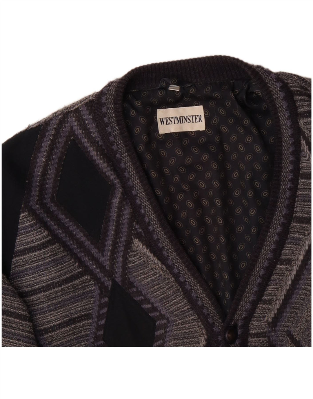 VINTAGE Hombres Cardigan Suéter XL Gris Geométrico Acrílico