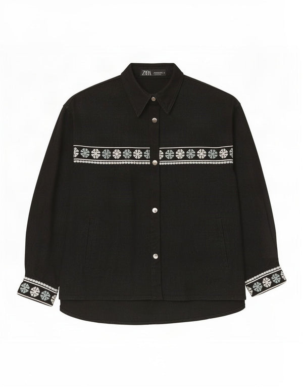 Zara Mujer Camisa Extragrande UK 44 Mediana Algodón Geométrico Negro