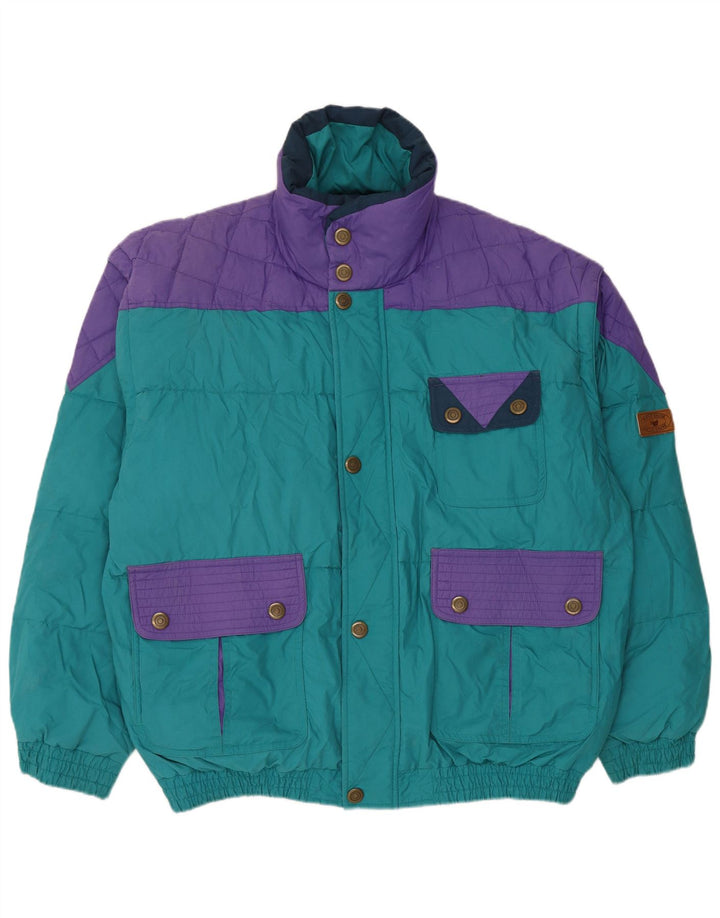 Vintage hombres chaqueta acolchada Reino Unido 42 XL azul colorblock poliéster