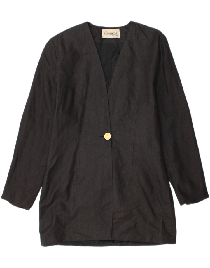 Vintage mujer longline 1 botón Blazer chaqueta Reino Unido 14 lino negro medio