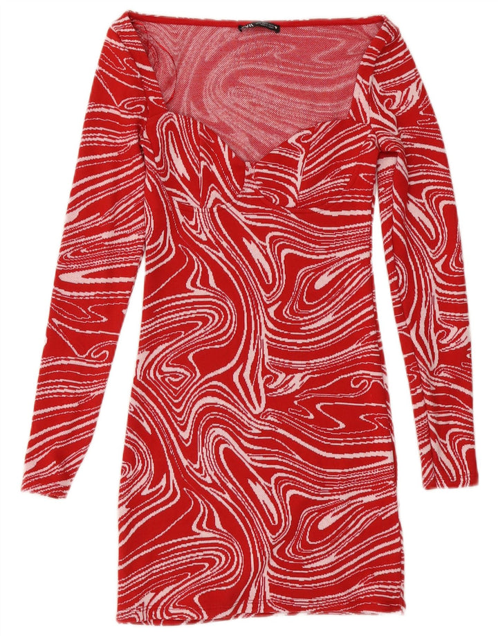 Zara Vestido ajustado de manga larga con estampado abstracto para mujer, talla 8, color rojo