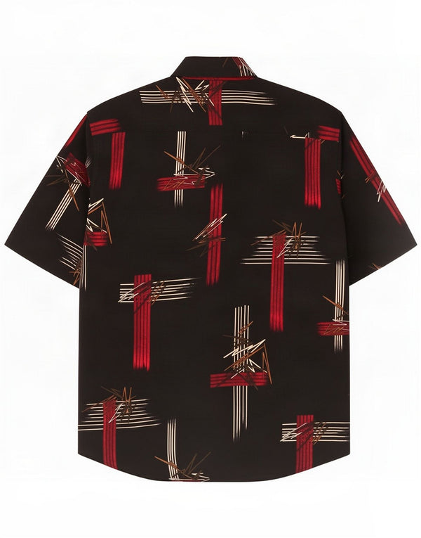 Camisa vintage de manga corta con estampado abstracto para hombre, seda negra grande