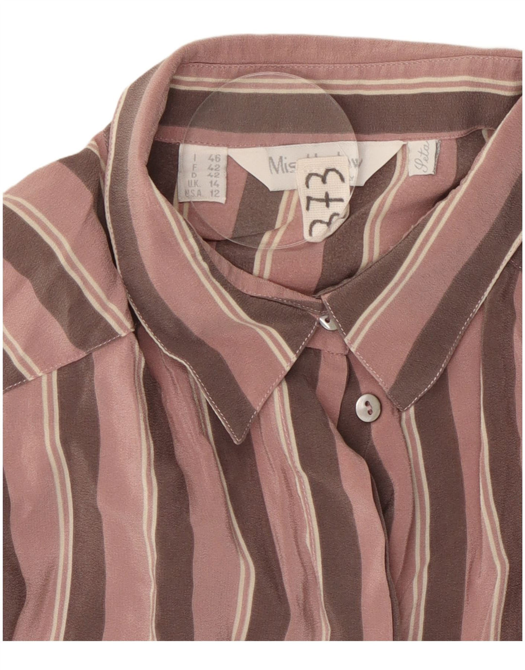 VINTAGE Blusa camisa de mujer Reino Unido 14 Seda de rayas rosa grande