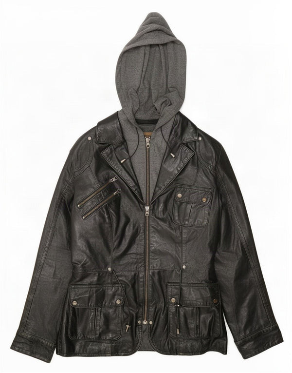 Conbipel Chaqueta utilitaria de cuero con capucha para mujer IT 42 Medium Black