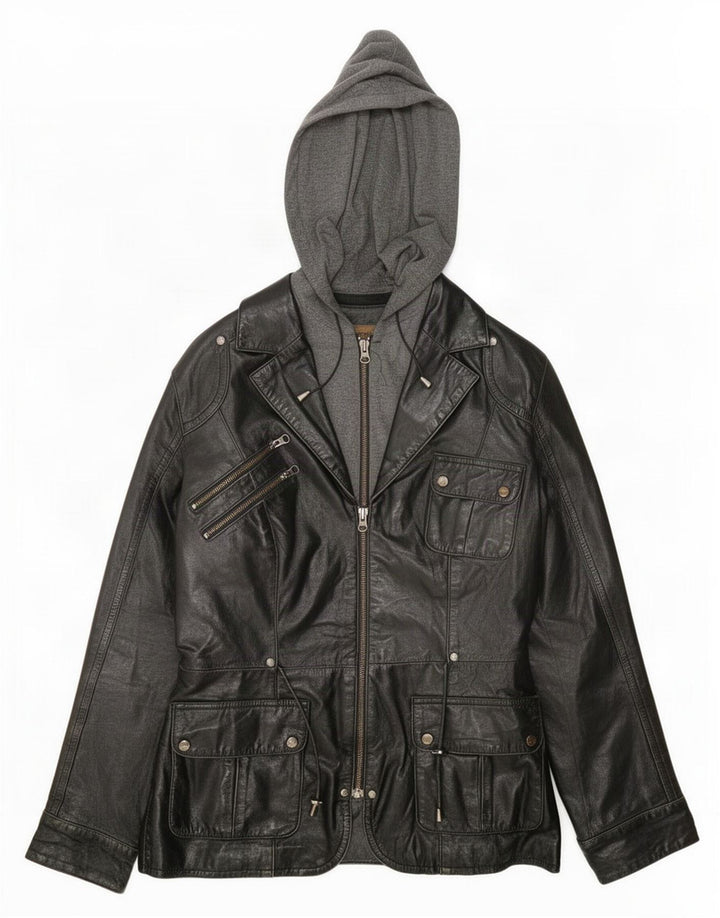 Conbipel Chaqueta utilitaria de cuero con capucha para mujer IT 42 Medium Black