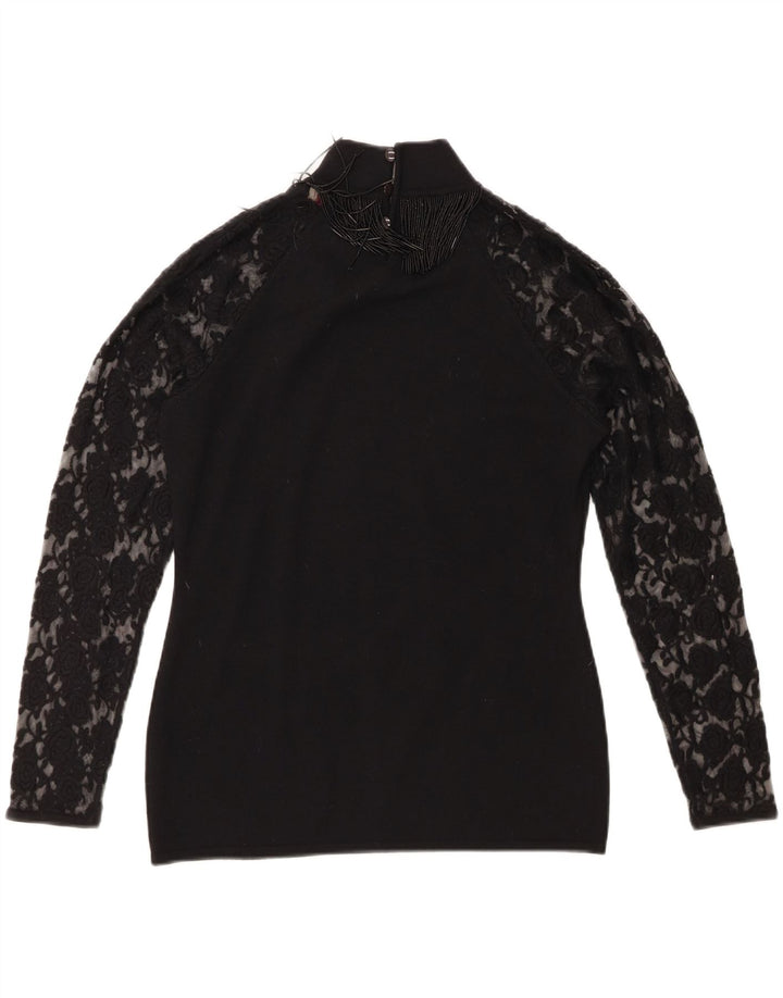 Roccobarocco Top para mujer de manga larga UK 44 Lana merino negra mediana