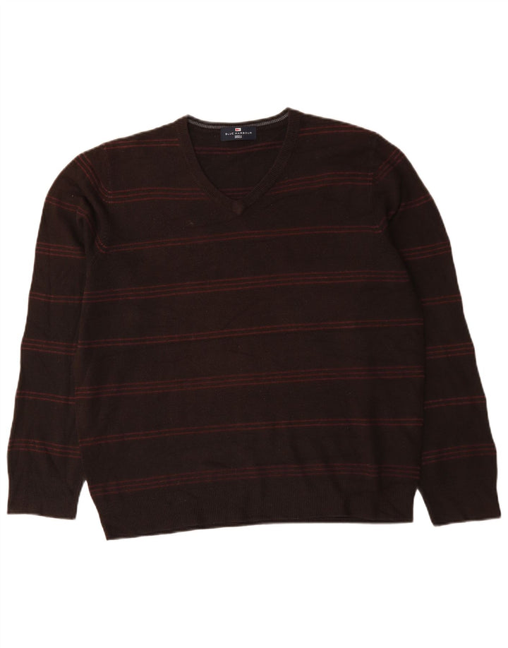 Marks & Spencer Suéter tipo jersey con cuello en V para hombre, color azul, talla grande, color marrón, a rayas