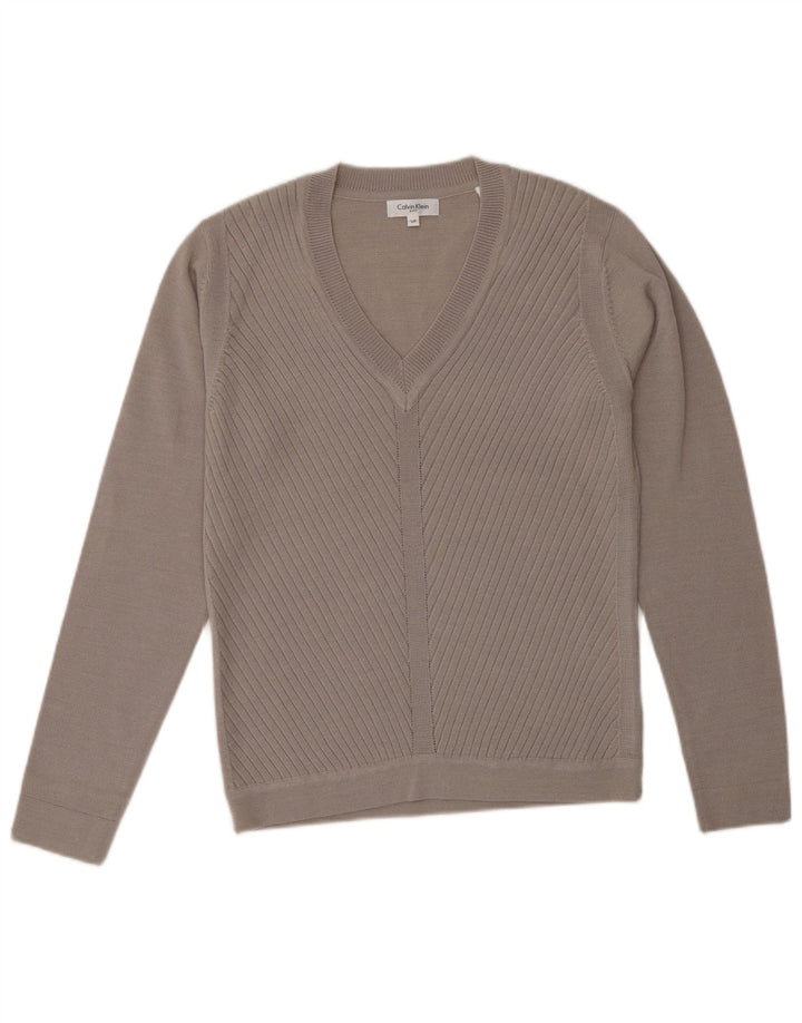 CALVIN KLEIN Suéter de golf con cuello en V para mujer UK 10 Small Beige Wool