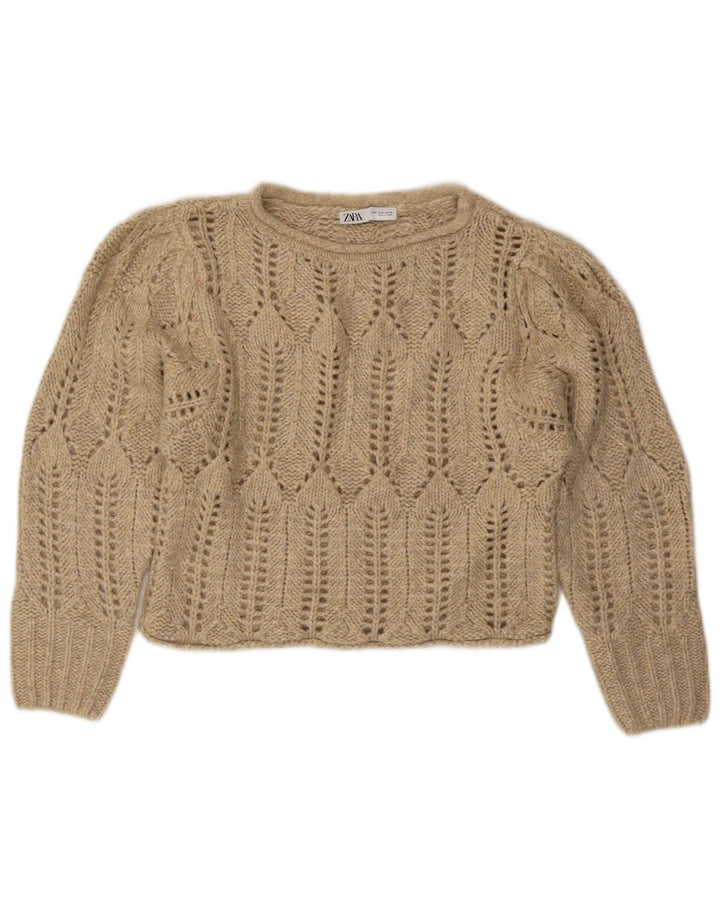 ZARA Mujer Crop See Through Boat Neck Jumper Sweater UK 44 Medio Beige