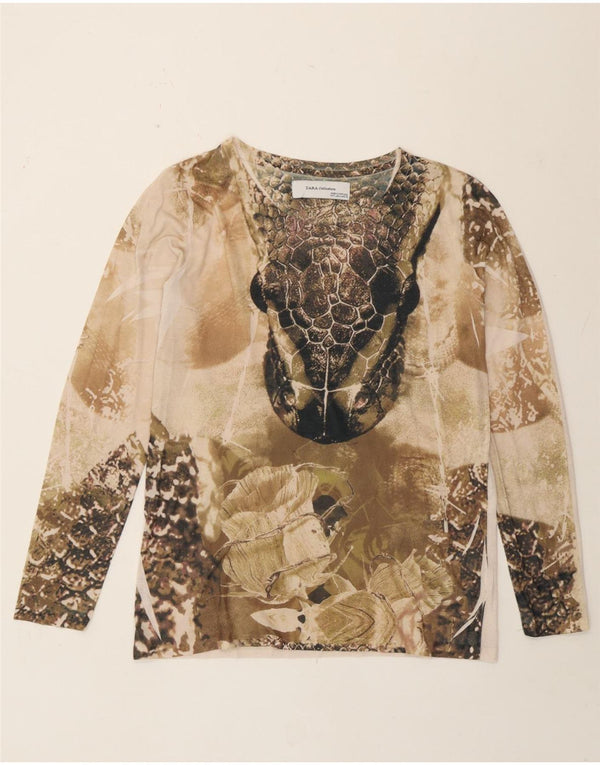 Zara Mujer Top Gráfico Manga Larga UK 46 Grande Beige Estampado Animal