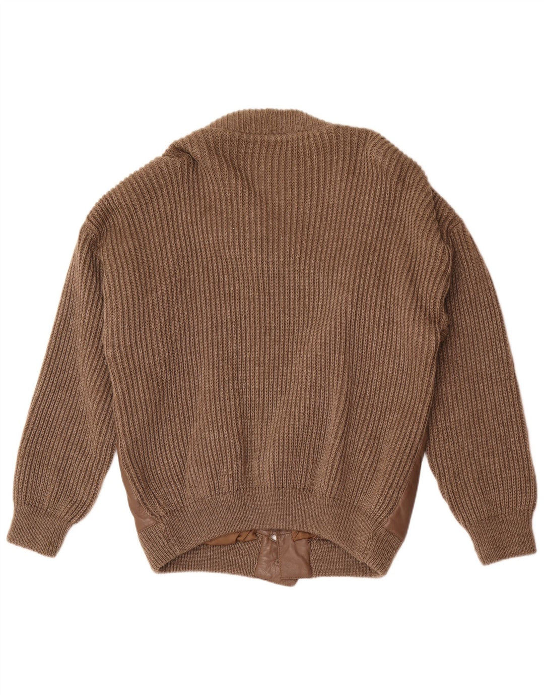 Vintage hombres cuero cardigan suéter grande lana marrón