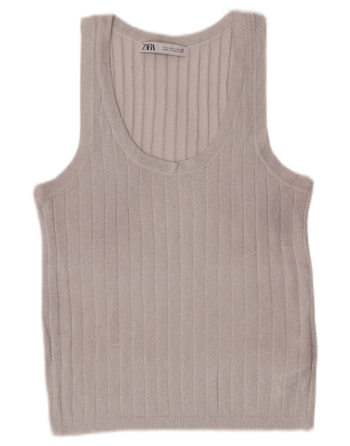 Zara Mujer Chaleco Top UK 40 Grande Viscosa Moteada Plata