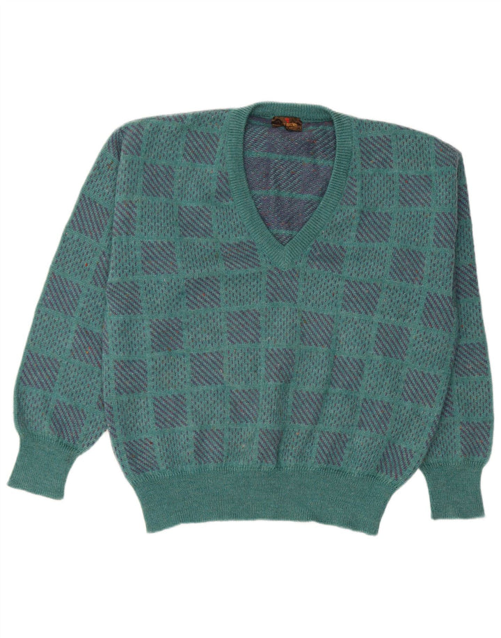 Peter Brown Jersey con cuello en V para hombre IT 50 Lana geométrica verde medio