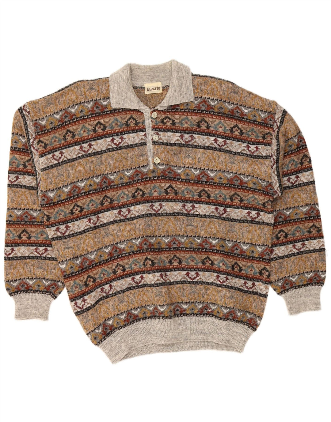VINTAGE Hombres Polo Cuello Jersey Jersey IT 52 Grande Marrón Fair Isle Acrílico
