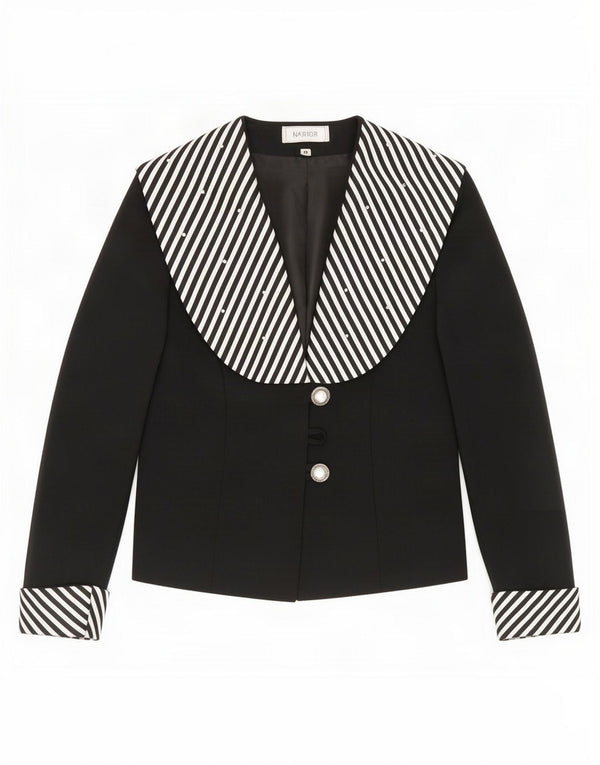 Vintage mujer 3 botones Blazer chaqueta Reino Unido 14 medio negro rayas poliéster
