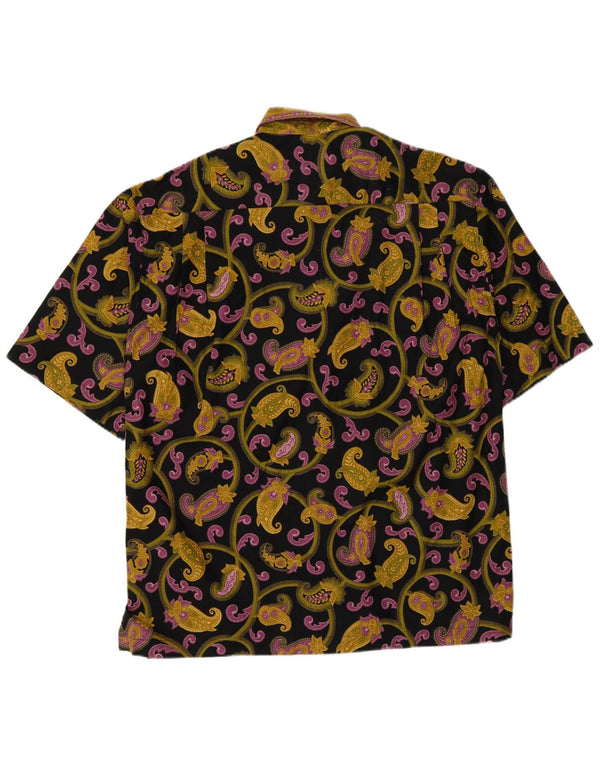 Vintage hombres camisa de manga corta medio negro paisley algodón