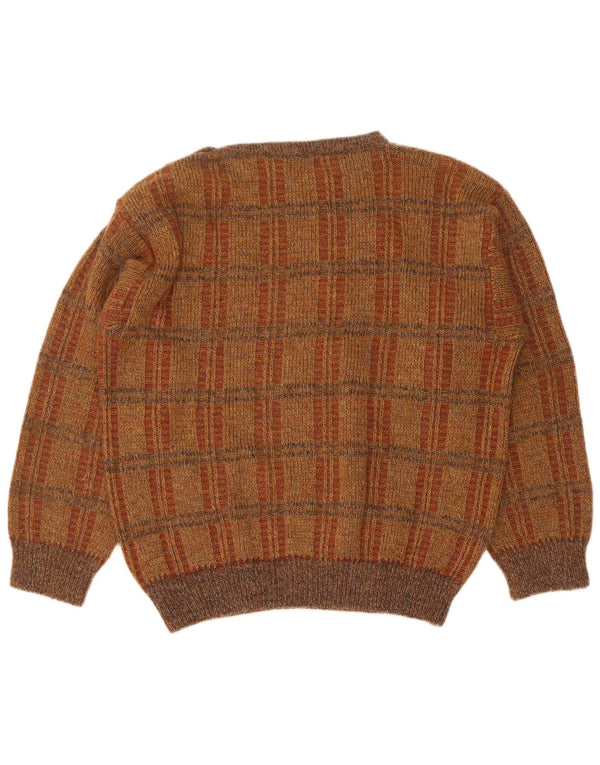 Vintage hombres barco cuello jumper suéter grande marrón comprobar acrílico