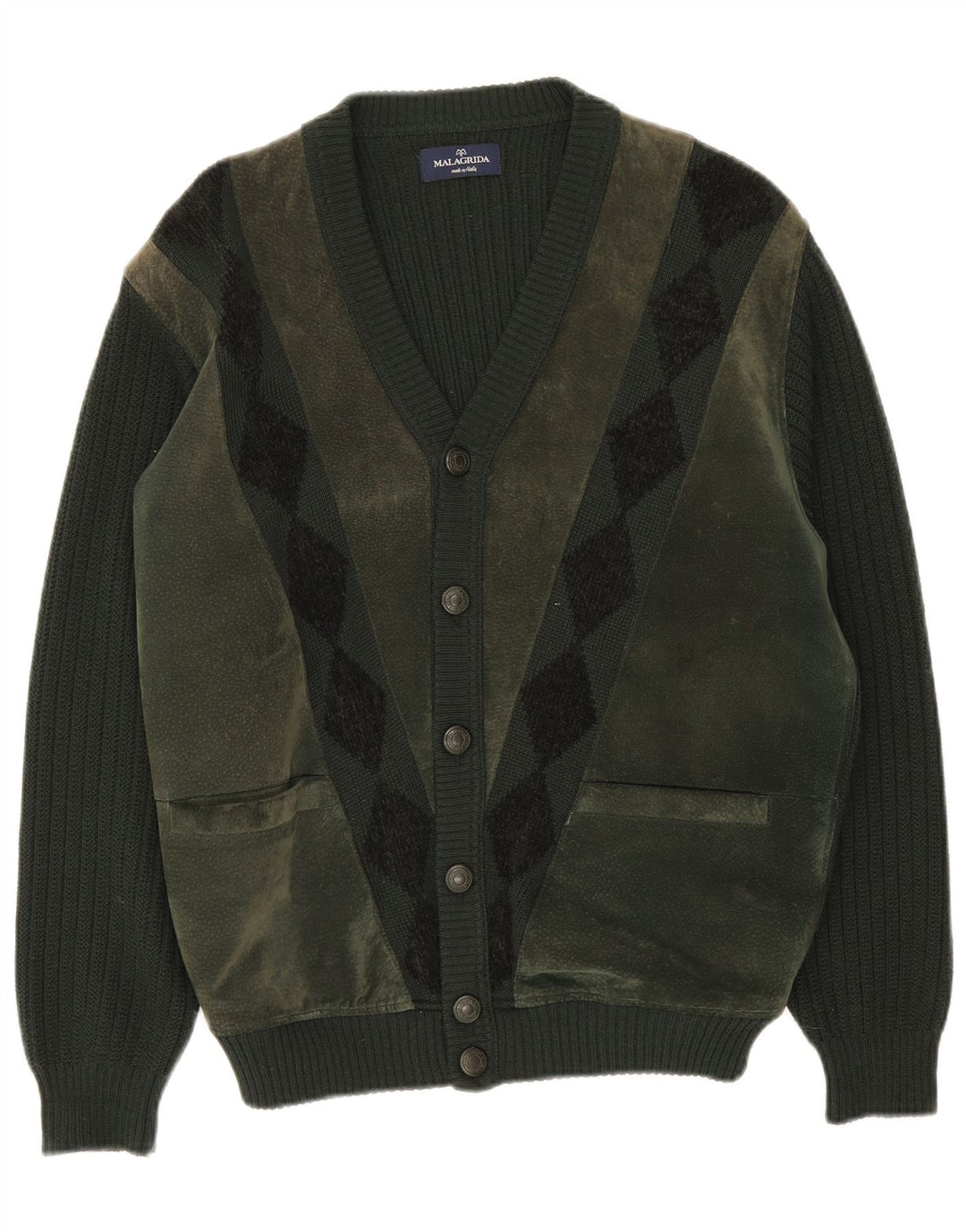 Suéter tipo cárdigan para hombre Malagrida Argyle verde medio/lana de diamante