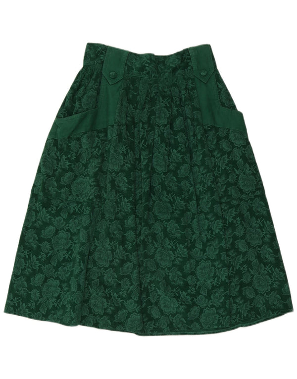Vintage mujer cintura alta pana falda IT 46 grande W29 verde floral