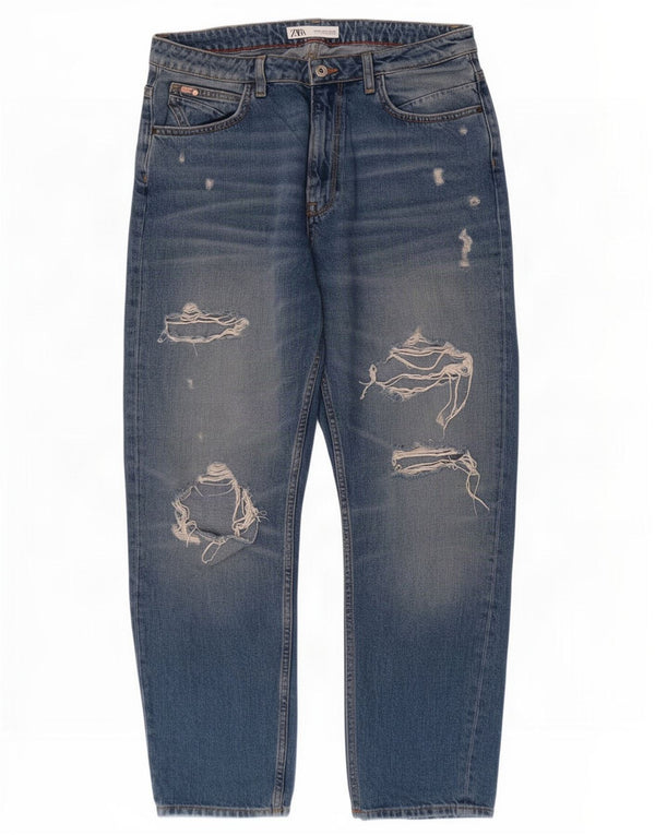 Zara Jeans Cónicos Desgastados Cortos para Mujer EU 38 Small W28 L26 Algodón Azul