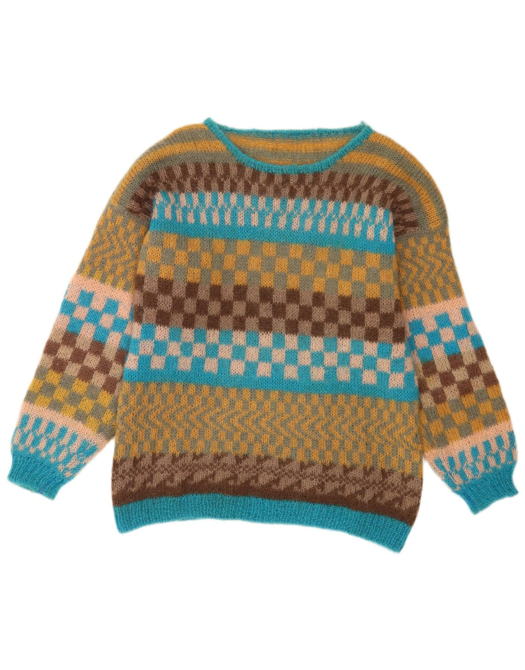 Vintage hombres barco cuello jumper suéter medio multicolor geométrico