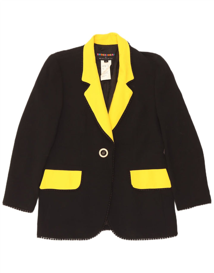 Vintage mujer 1 botón Blazer chaqueta Reino Unido 14 acetato de bloque de color negro grande