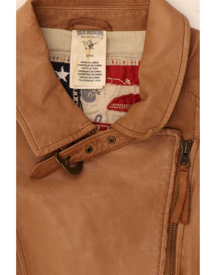 True Religion Chaqueta motera de cuero para mujer UK 40 Small Beige Colorblock