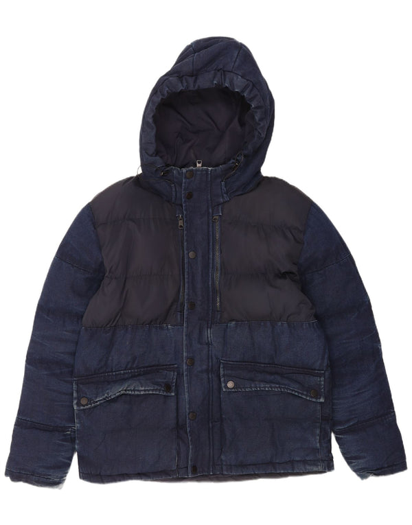 Zara Hombre Chaqueta Acolchada Con Capucha UK 42 XL Azul Marino Algodón
