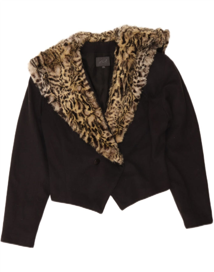 Vintage mujer crop blazer chaqueta Reino Unido 14 medio negro animal print