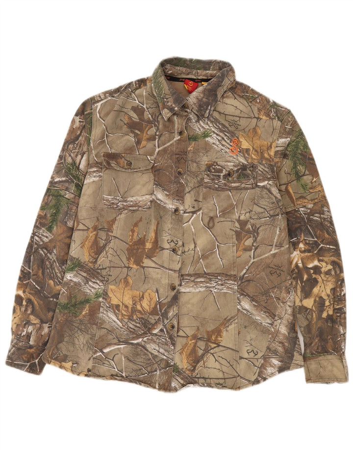 VINTAGE Camisa de patrón abstracto para mujer Reino Unido 16 Algodón de bloque de color caqui grande