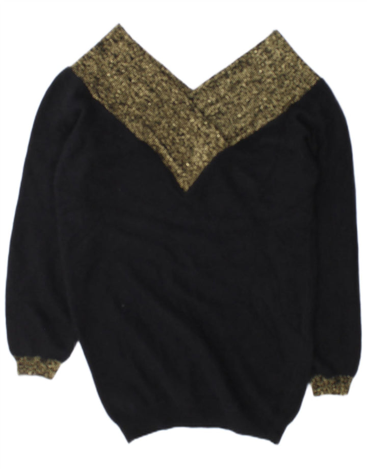 Vintage mujer V-cuello jersey suéter UE 38/40 medio negro colorblock
