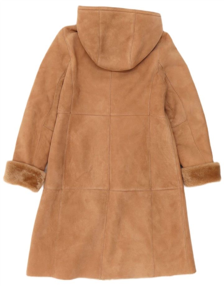 Vintage mujer con capucha shearling abrigo Reino Unido 10 pequeño beige