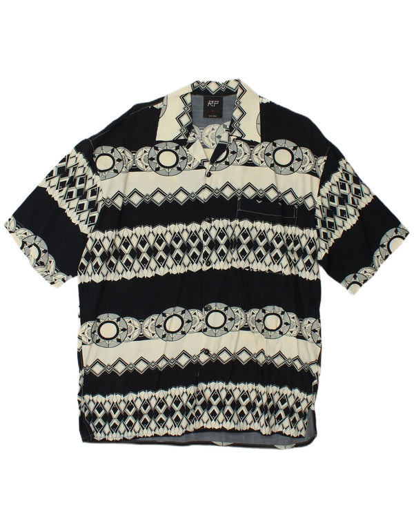 Vintage hombres manga corta camisa holgada pequeña viscosa geométrica negra