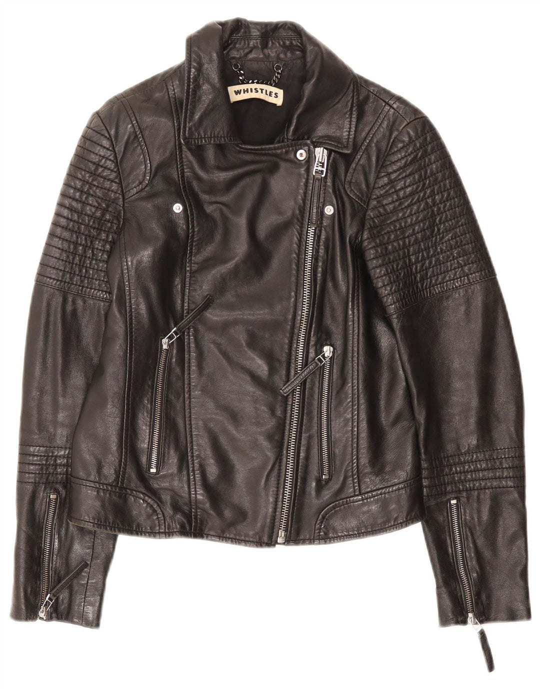 WHISTLES Chaqueta motera de cuero para mujer UK 8 Small Black Leather