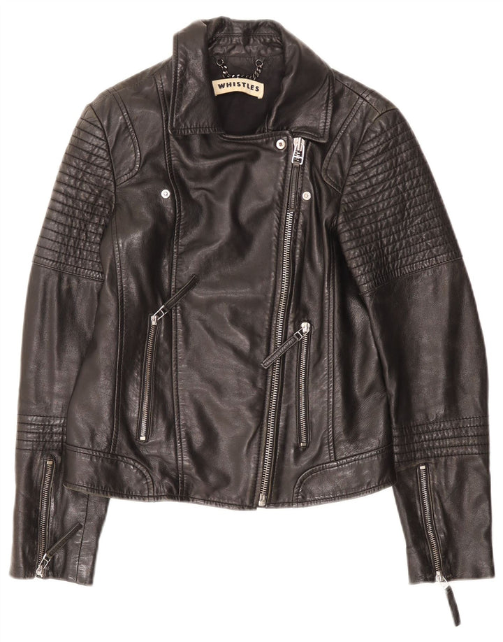 WHISTLES Chaqueta motera de cuero para mujer UK 8 Small Black Leather