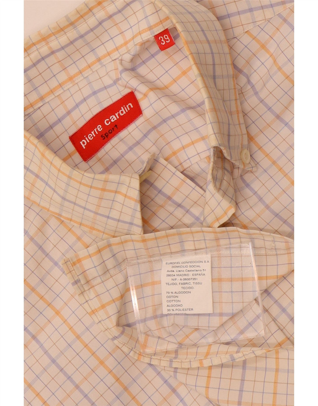 Pierre Cardin Camisa de manga corta para hombre Talla 39 Algodón a cuadros blanco mediano