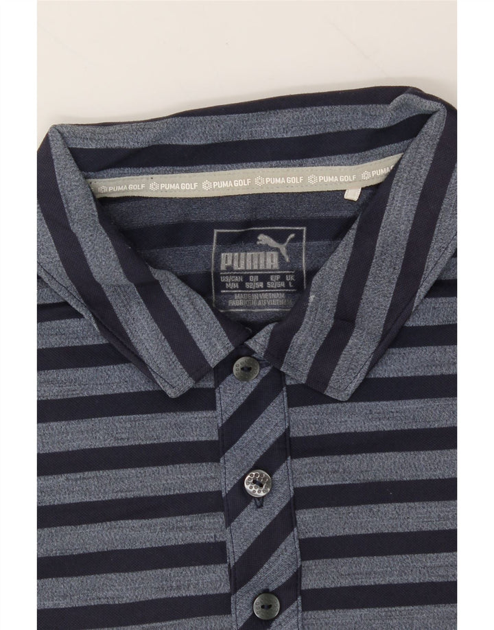 PUMA Mens Polo Shirt Large Navy Blue Striped Polyester Vintage Puma and Second-Hand Puma from Messina Hembry 