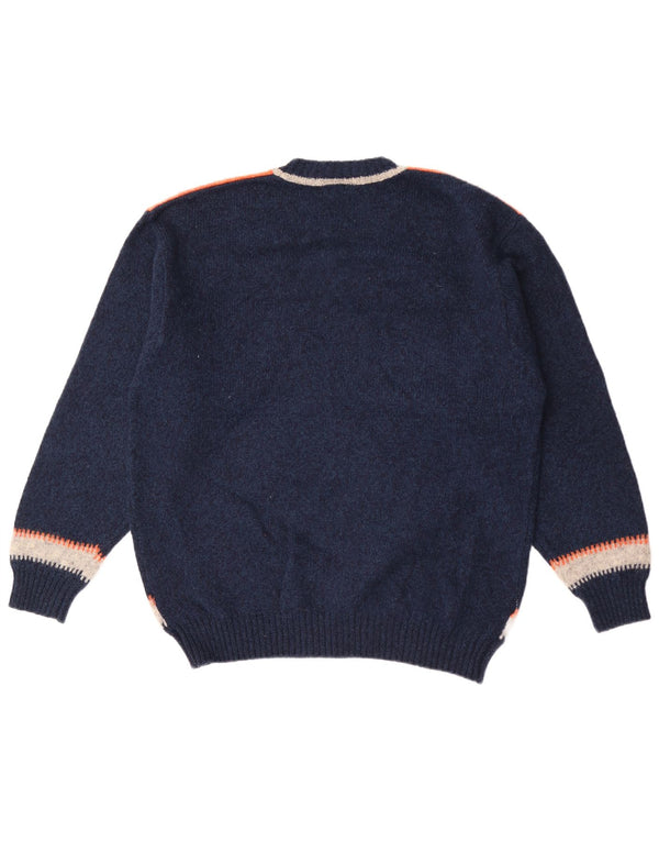 Vintage hombres cuello redondo jersey suéter grande azul marino colorblock lana