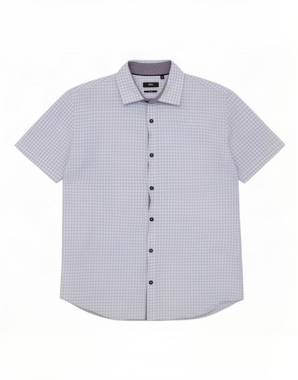 Hugo Boss Mens Short Sleeve Slim Fit Shirt Size 41 16 Large Blue Gingham
