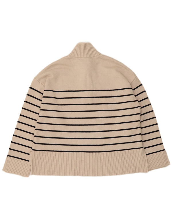 Zara Mujer Oversize Zip Neck Jumper Sweater UK 10 Small Beige Rayas