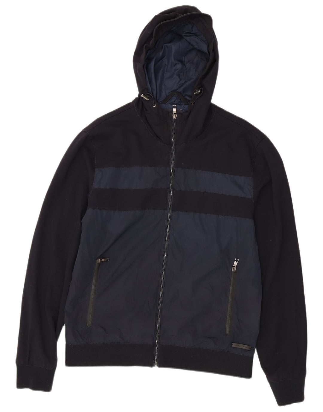 Zara Hombre Cazadora Bomber Con Capucha UK 42 XL Poliéster Color Block Azul Marino