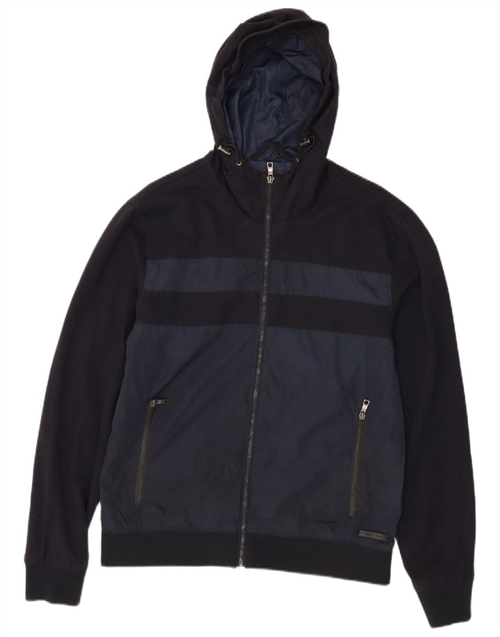 Zara Hombre Cazadora Bomber Con Capucha UK 42 XL Poliéster Color Block Azul Marino