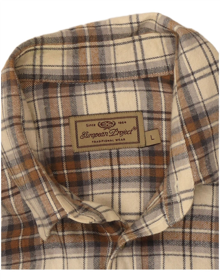Camisa de franela para hombre de European Project, algodón a cuadros beige grande