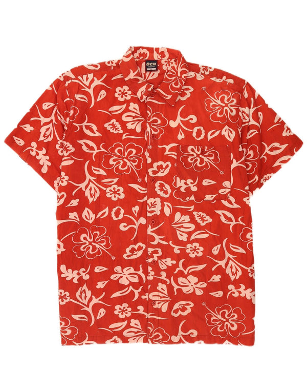 Vintage hombres hawaiano manga corta camisa XL rojo floral algodón