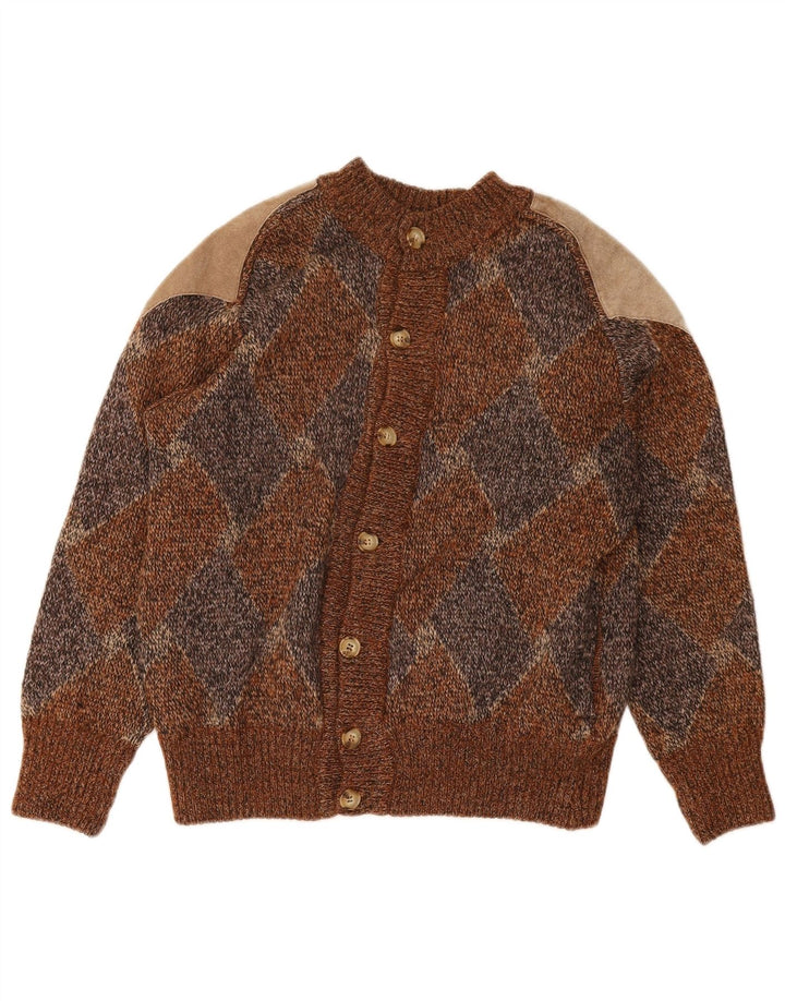 Vintage hombres Cardigan suéter medio marrón Argyle/Diamante