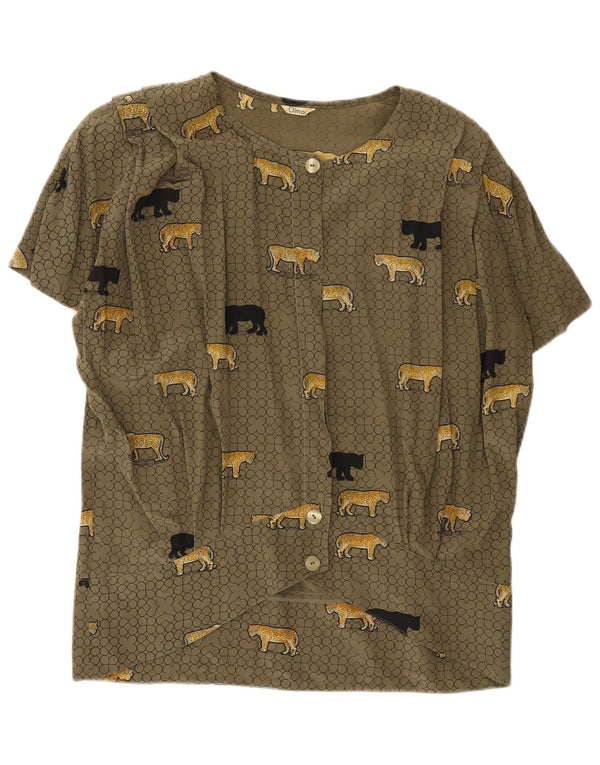 Blusa vintage de manga corta para mujer IT 48 XL Caqui Animal Print