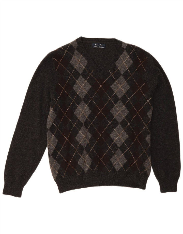 Massimo Dutti Jersey Con Cuello En V Hombre Gris Medio Argyle/Lana Diamante