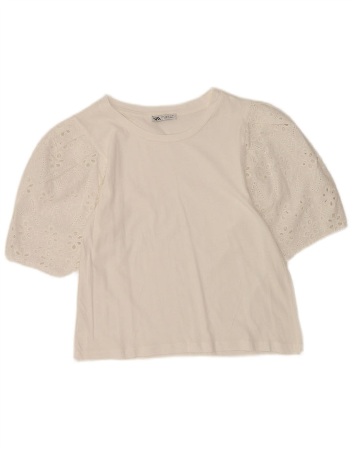 Zara Mujer Crop Blusa Top UK 10 Small Blanco