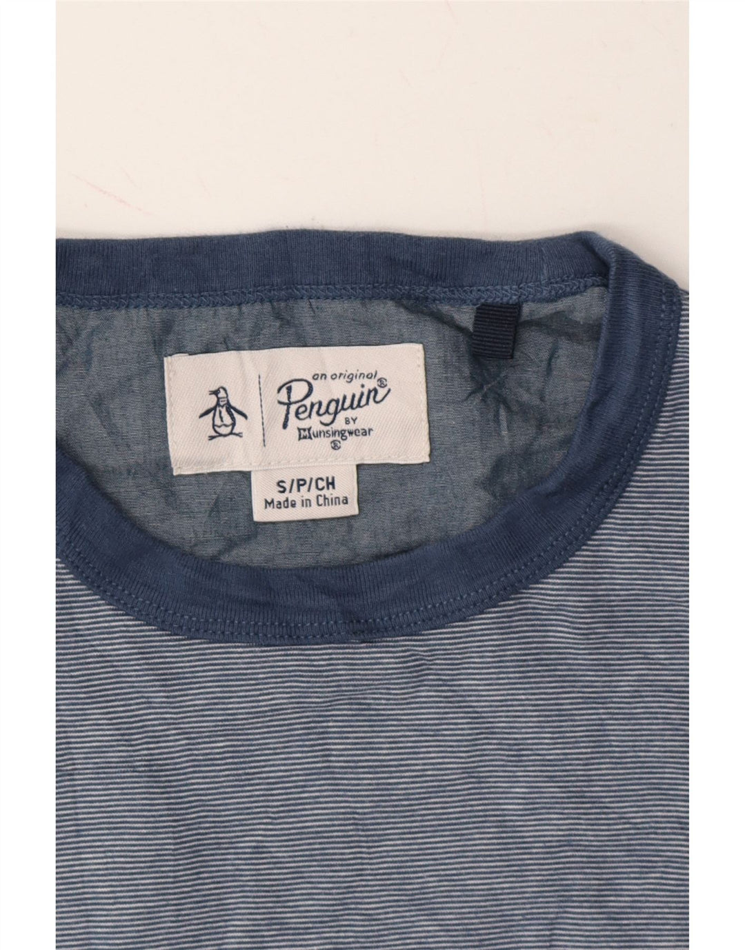 PENGUIN Mens T-Shirt Top Small Navy Blue Pinstripe Vintage Penguin and Second-Hand Penguin from Messina Hembry 